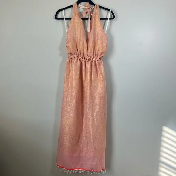 NWT Lemlem Tila Woven Halter Neck Midi Sundress Metallic Rose Shimmer XS - Picture 10 of 11